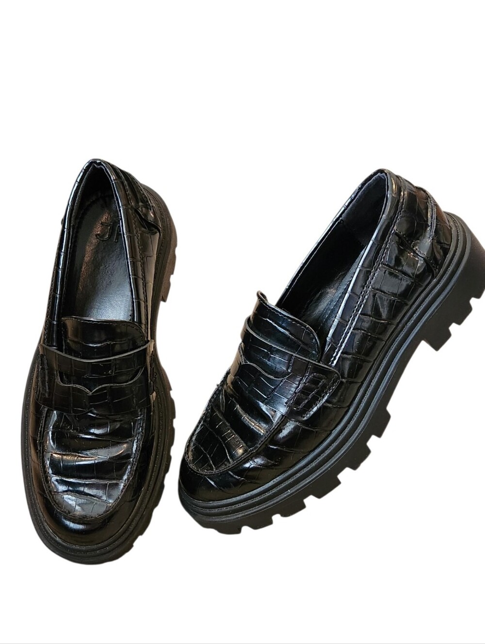 JF Colette Black Croc Embossed Lug Sole Loafers Size 6.5 Chunky Vegan Leather